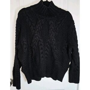Zara Black Ecru Chunky Cable Knit High Neck Sweater Sz M